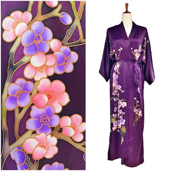 KIM + ONO Silk Handpainted Cherry Blossom Long Kimono Robe Plum Purple One Size